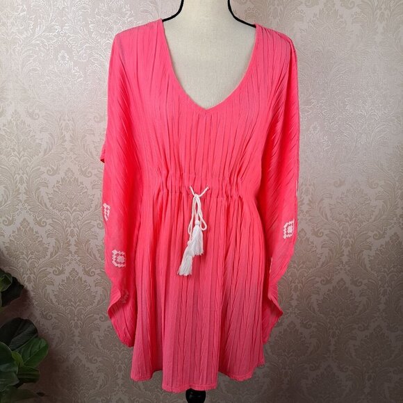 Catalina Size 4-6 Swimsuit CoverUp Fluorescent Pink White Embroidery Drawstring - Picture 1 of 13